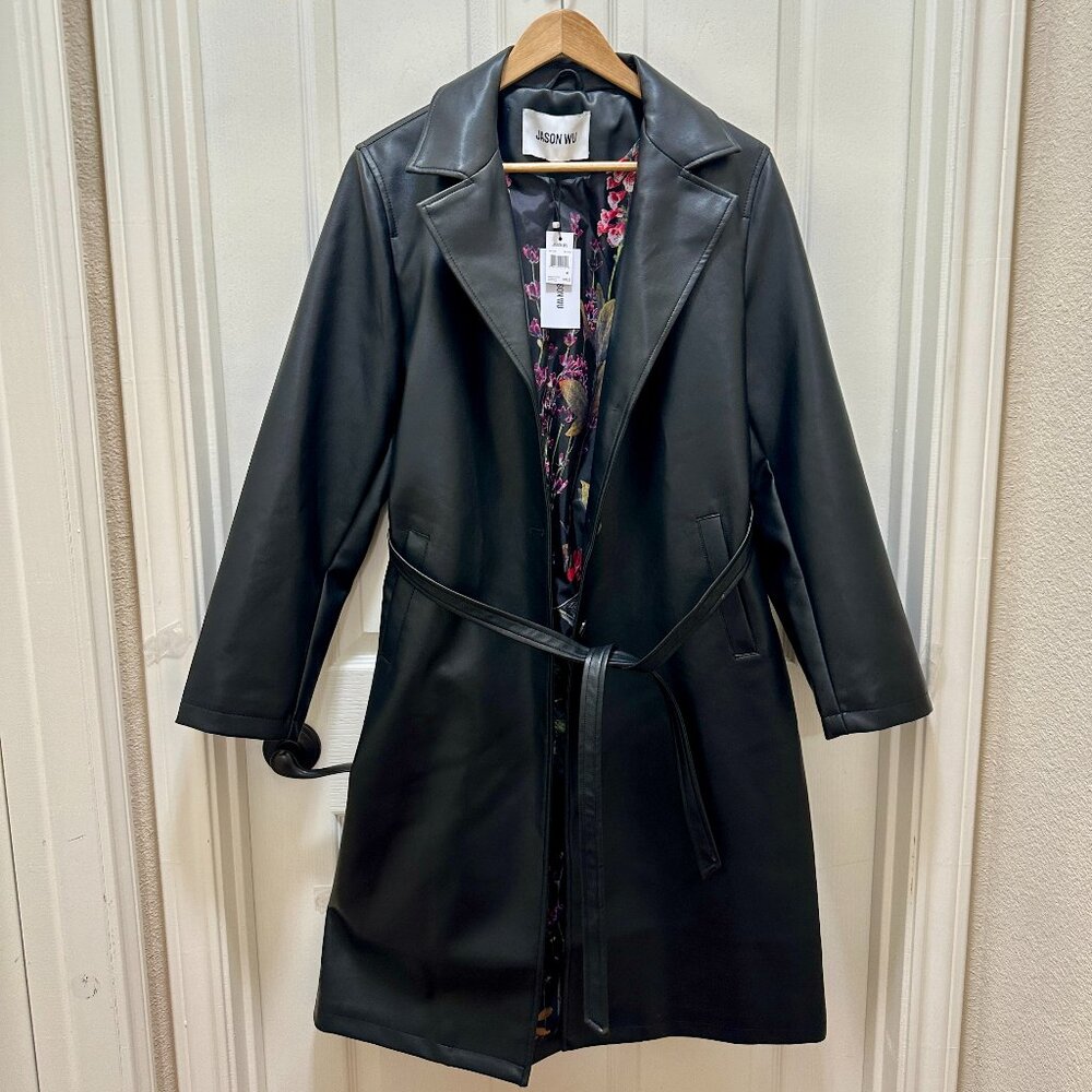 Jason Wu Women's Faux Leather Long Jacket Size M Black Button Closure Belted NEW